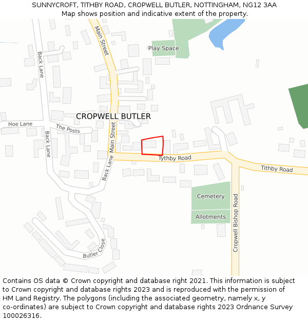 SUNNYCROFT, TITHBY ROAD, CROPWELL BUTLER, NOTTINGHAM, NG12 3AA: Location map and indicative extent of plot