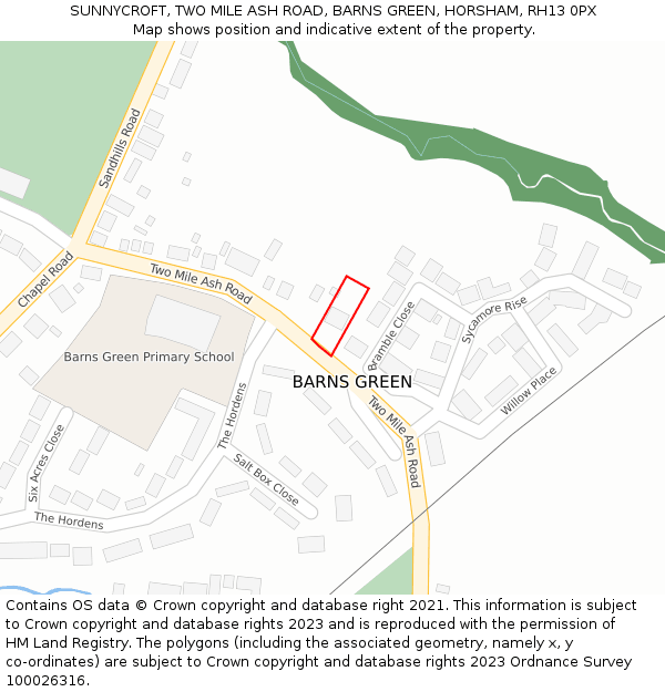 SUNNYCROFT, TWO MILE ASH ROAD, BARNS GREEN, HORSHAM, RH13 0PX: Location map and indicative extent of plot