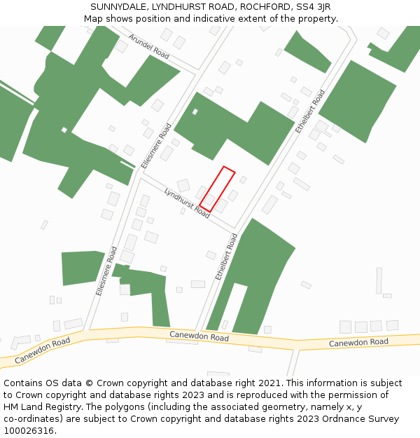 SUNNYDALE, LYNDHURST ROAD, ROCHFORD, SS4 3JR: Location map and indicative extent of plot