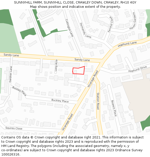 SUNNYHILL FARM, SUNNYHILL CLOSE, CRAWLEY DOWN, CRAWLEY, RH10 4GY: Location map and indicative extent of plot