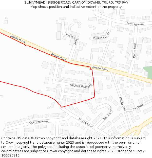 SUNNYMEAD, BISSOE ROAD, CARNON DOWNS, TRURO, TR3 6HY: Location map and indicative extent of plot