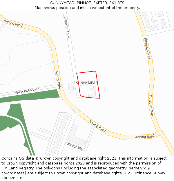 SUNNYMEAD, PINHOE, EXETER, EX1 3TS: Location map and indicative extent of plot