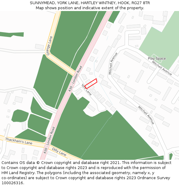 SUNNYMEAD, YORK LANE, HARTLEY WINTNEY, HOOK, RG27 8TR: Location map and indicative extent of plot