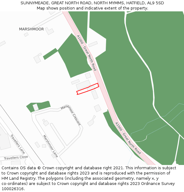 SUNNYMEADE, GREAT NORTH ROAD, NORTH MYMMS, HATFIELD, AL9 5SD: Location map and indicative extent of plot