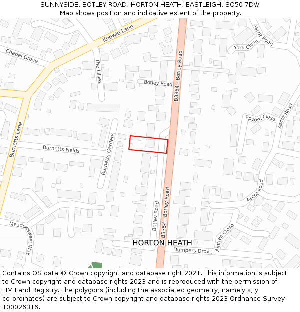 SUNNYSIDE, BOTLEY ROAD, HORTON HEATH, EASTLEIGH, SO50 7DW: Location map and indicative extent of plot