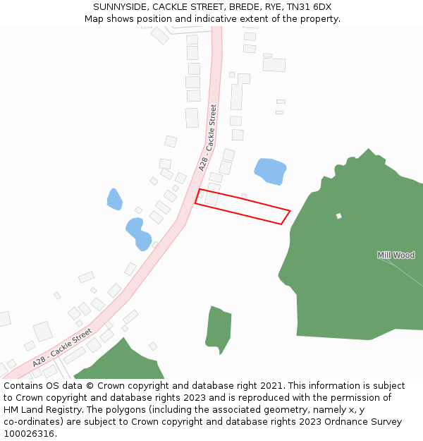 SUNNYSIDE, CACKLE STREET, BREDE, RYE, TN31 6DX: Location map and indicative extent of plot