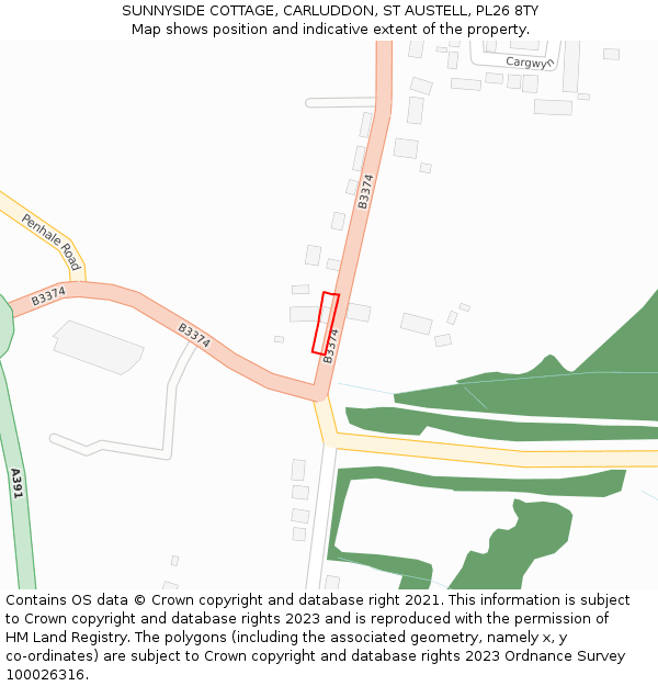 SUNNYSIDE COTTAGE, CARLUDDON, ST AUSTELL, PL26 8TY: Location map and indicative extent of plot