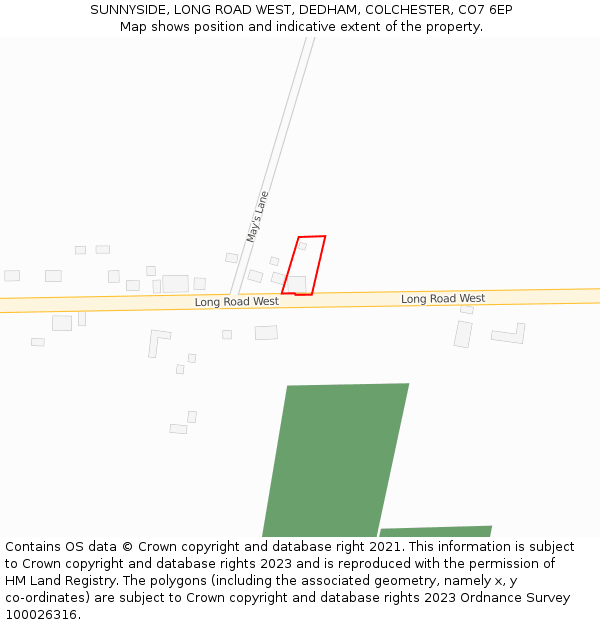 SUNNYSIDE, LONG ROAD WEST, DEDHAM, COLCHESTER, CO7 6EP: Location map and indicative extent of plot