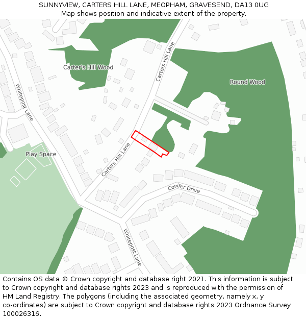 SUNNYVIEW, CARTERS HILL LANE, MEOPHAM, GRAVESEND, DA13 0UG: Location map and indicative extent of plot