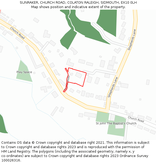 SUNRAKER, CHURCH ROAD, COLATON RALEIGH, SIDMOUTH, EX10 0LH: Location map and indicative extent of plot