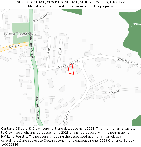 SUNRISE COTTAGE, CLOCK HOUSE LANE, NUTLEY, UCKFIELD, TN22 3NX: Location map and indicative extent of plot