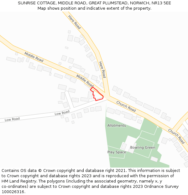 SUNRISE COTTAGE, MIDDLE ROAD, GREAT PLUMSTEAD, NORWICH, NR13 5EE: Location map and indicative extent of plot