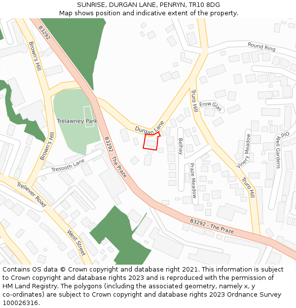 SUNRISE, DURGAN LANE, PENRYN, TR10 8DG: Location map and indicative extent of plot