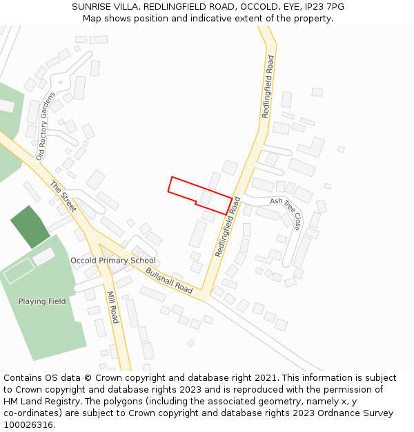 SUNRISE VILLA, REDLINGFIELD ROAD, OCCOLD, EYE, IP23 7PG: Location map and indicative extent of plot