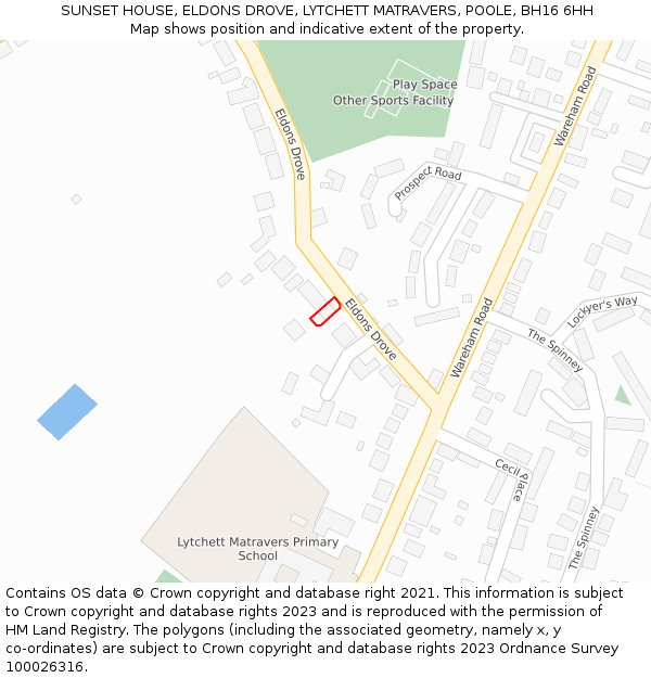 SUNSET HOUSE, ELDONS DROVE, LYTCHETT MATRAVERS, POOLE, BH16 6HH: Location map and indicative extent of plot