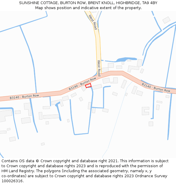 SUNSHINE COTTAGE, BURTON ROW, BRENT KNOLL, HIGHBRIDGE, TA9 4BY: Location map and indicative extent of plot