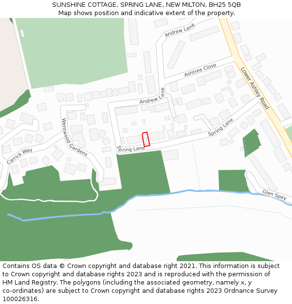 SUNSHINE COTTAGE, SPRING LANE, NEW MILTON, BH25 5QB: Location map and indicative extent of plot