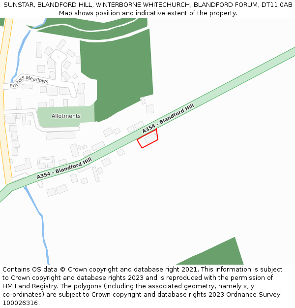 SUNSTAR, BLANDFORD HILL, WINTERBORNE WHITECHURCH, BLANDFORD FORUM, DT11 0AB: Location map and indicative extent of plot