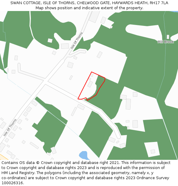 SWAN COTTAGE, ISLE OF THORNS, CHELWOOD GATE, HAYWARDS HEATH, RH17 7LA: Location map and indicative extent of plot