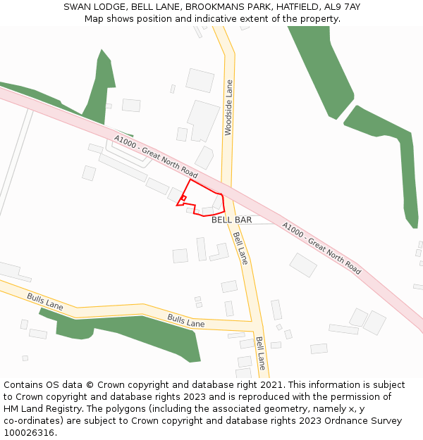 SWAN LODGE, BELL LANE, BROOKMANS PARK, HATFIELD, AL9 7AY: Location map and indicative extent of plot
