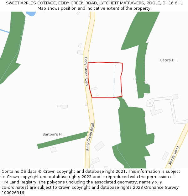 SWEET APPLES COTTAGE, EDDY GREEN ROAD, LYTCHETT MATRAVERS, POOLE, BH16 6HL: Location map and indicative extent of plot
