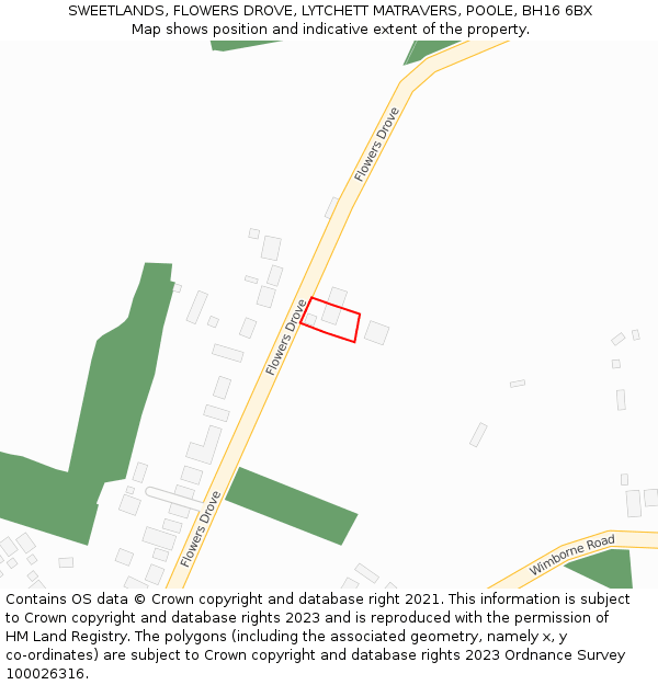 SWEETLANDS, FLOWERS DROVE, LYTCHETT MATRAVERS, POOLE, BH16 6BX: Location map and indicative extent of plot