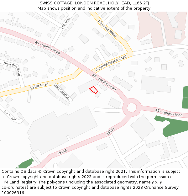 SWISS COTTAGE, LONDON ROAD, HOLYHEAD, LL65 2TJ: Location map and indicative extent of plot