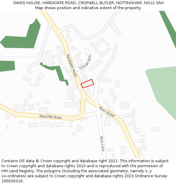 SWISS HOUSE, HARDIGATE ROAD, CROPWELL BUTLER, NOTTINGHAM, NG12 3AH: Location map and indicative extent of plot