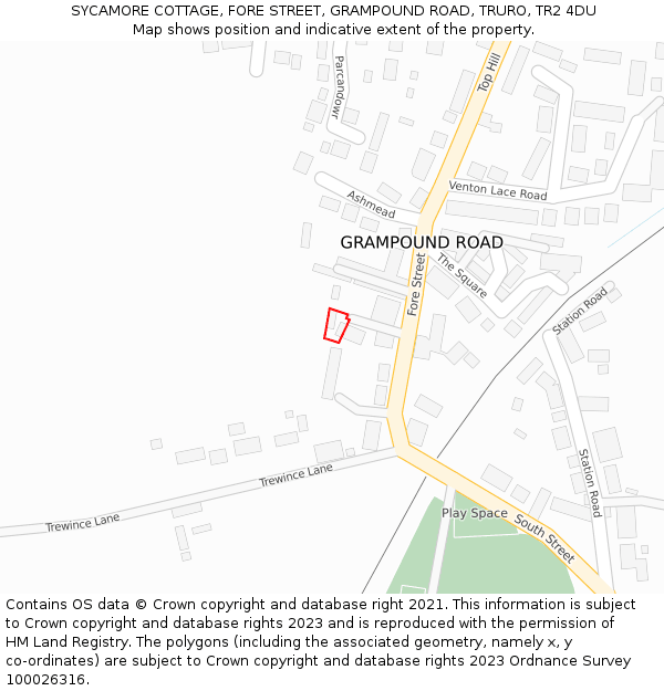 SYCAMORE COTTAGE, FORE STREET, GRAMPOUND ROAD, TRURO, TR2 4DU: Location map and indicative extent of plot
