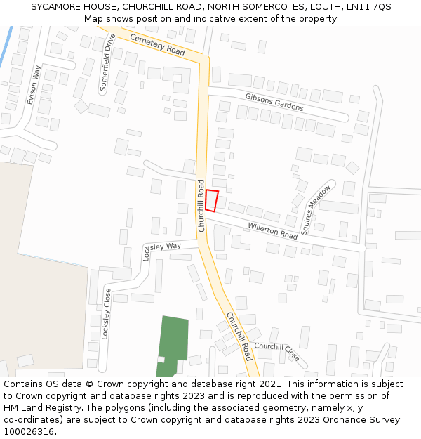 SYCAMORE HOUSE, CHURCHILL ROAD, NORTH SOMERCOTES, LOUTH, LN11 7QS: Location map and indicative extent of plot