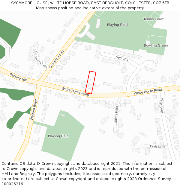 SYCAMORE HOUSE, WHITE HORSE ROAD, EAST BERGHOLT, COLCHESTER, CO7 6TR: Location map and indicative extent of plot