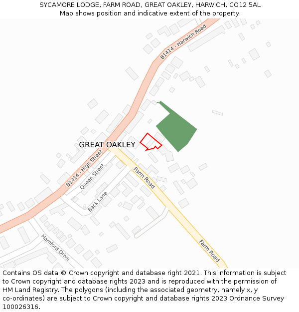 SYCAMORE LODGE, FARM ROAD, GREAT OAKLEY, HARWICH, CO12 5AL: Location map and indicative extent of plot