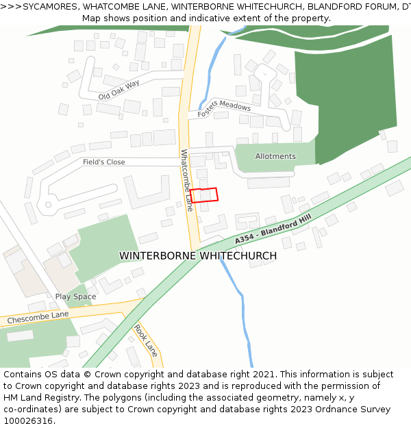 SYCAMORES, WHATCOMBE LANE, WINTERBORNE WHITECHURCH, BLANDFORD FORUM, DT11 0AG: Location map and indicative extent of plot