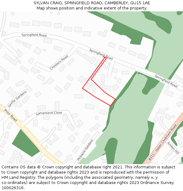 SYLVAN CRAIG, SPRINGFIELD ROAD, CAMBERLEY, GU15 1AE: Location map and indicative extent of plot