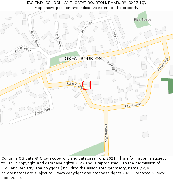 TAG END, SCHOOL LANE, GREAT BOURTON, BANBURY, OX17 1QY: Location map and indicative extent of plot