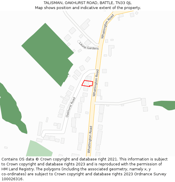 TALISMAN, OAKHURST ROAD, BATTLE, TN33 0JL: Location map and indicative extent of plot