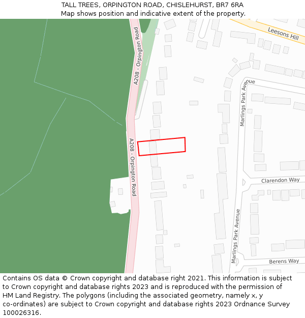 TALL TREES, ORPINGTON ROAD, CHISLEHURST, BR7 6RA: Location map and indicative extent of plot