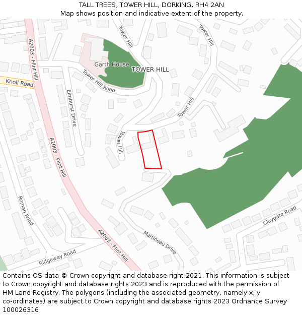 TALL TREES, TOWER HILL, DORKING, RH4 2AN: Location map and indicative extent of plot