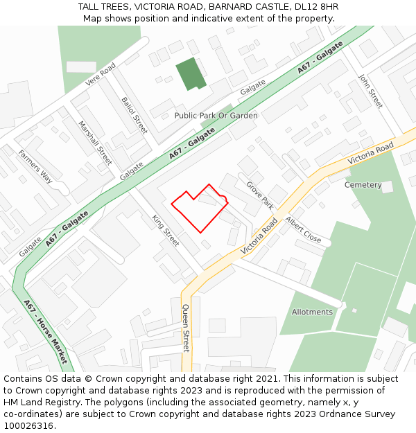 TALL TREES, VICTORIA ROAD, BARNARD CASTLE, DL12 8HR: Location map and indicative extent of plot