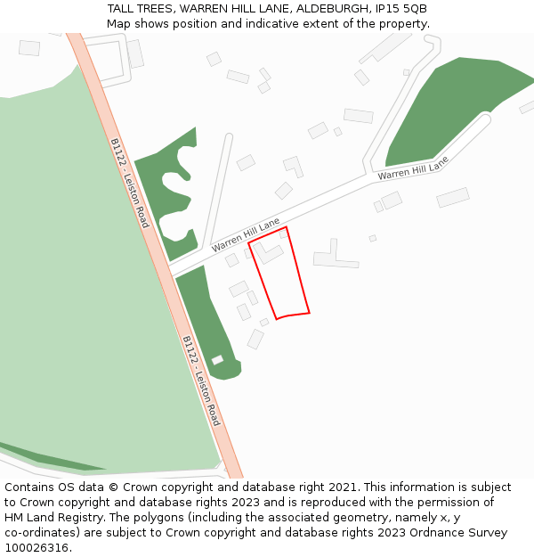 TALL TREES, WARREN HILL LANE, ALDEBURGH, IP15 5QB: Location map and indicative extent of plot