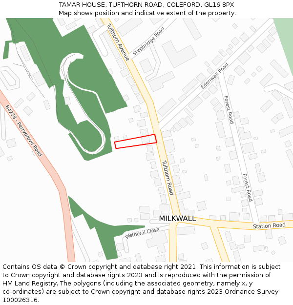 TAMAR HOUSE, TUFTHORN ROAD, COLEFORD, GL16 8PX: Location map and indicative extent of plot
