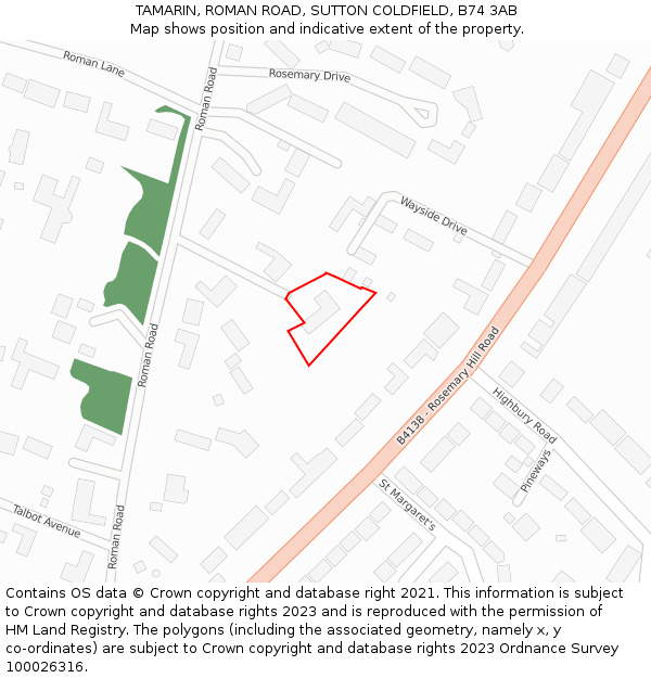 TAMARIN, ROMAN ROAD, SUTTON COLDFIELD, B74 3AB: Location map and indicative extent of plot
