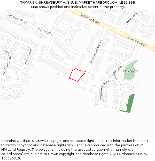 TAMARISK, SHREWSBURY AVENUE, MARKET HARBOROUGH, LE16 8BB: Location map and indicative extent of plot