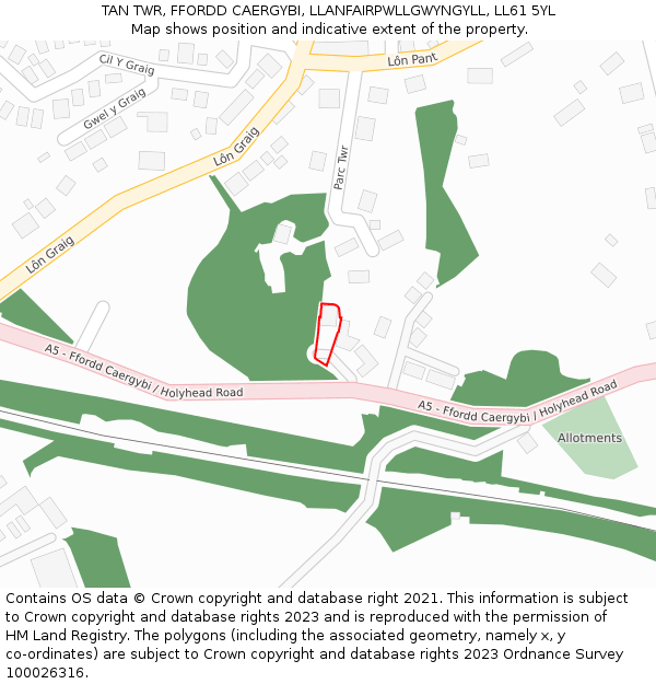 TAN TWR, FFORDD CAERGYBI, LLANFAIRPWLLGWYNGYLL, LL61 5YL: Location map and indicative extent of plot