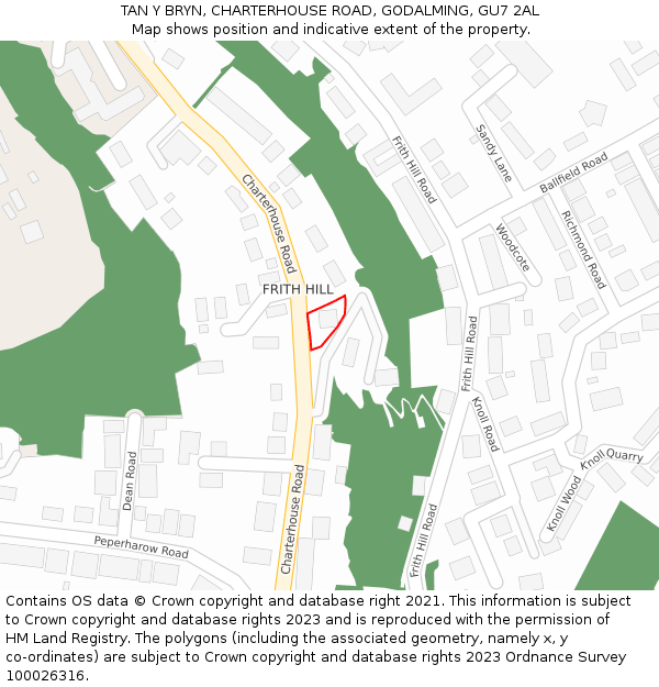 TAN Y BRYN, CHARTERHOUSE ROAD, GODALMING, GU7 2AL: Location map and indicative extent of plot