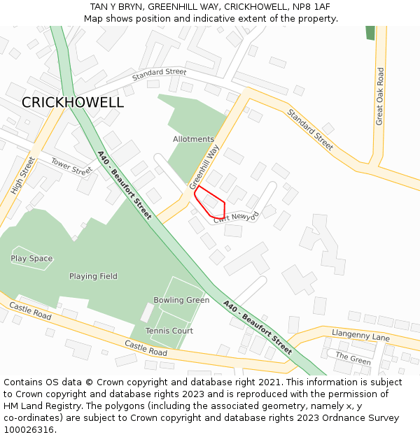 TAN Y BRYN, GREENHILL WAY, CRICKHOWELL, NP8 1AF: Location map and indicative extent of plot