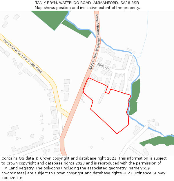 TAN Y BRYN, WATERLOO ROAD, AMMANFORD, SA18 3SB: Location map and indicative extent of plot