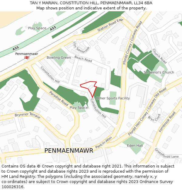 TAN Y MARIAN, CONSTITUTION HILL, PENMAENMAWR, LL34 6BA: Location map and indicative extent of plot
