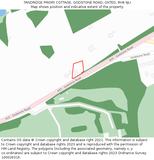 TANDRIDGE PRIORY COTTAGE, GODSTONE ROAD, OXTED, RH8 9JU: Location map and indicative extent of plot