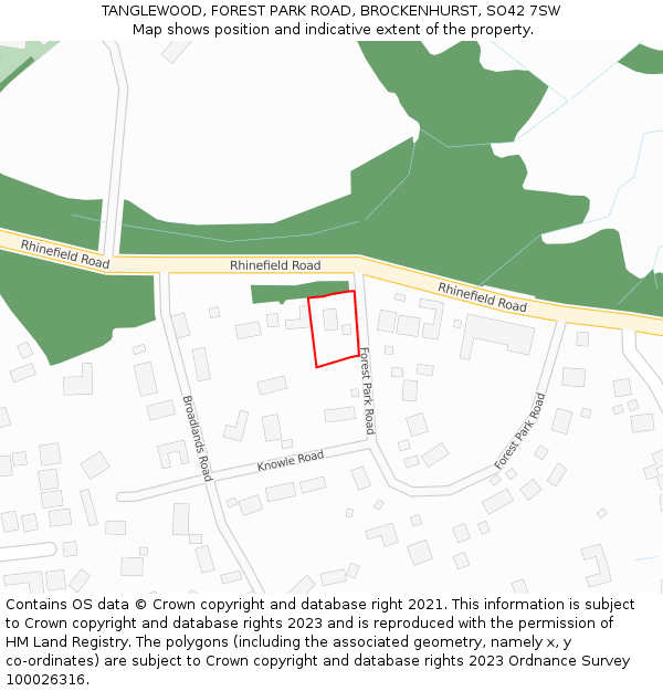 TANGLEWOOD, FOREST PARK ROAD, BROCKENHURST, SO42 7SW: Location map and indicative extent of plot